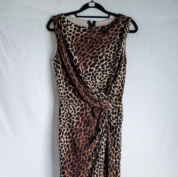 90s Vintage Tadashi Leopard Metallic Ruched Evening Dress Made In USA S - Picture 2 of 5